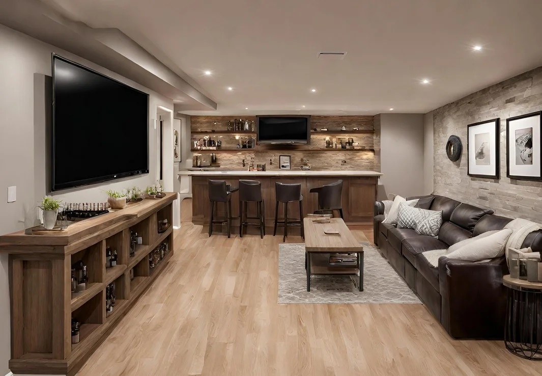 basement with seating area